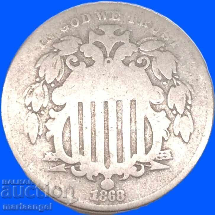 САЩ 5 цента 1868 ЩИТ никел 2 с цена € 14.99 | 29.32 лв.