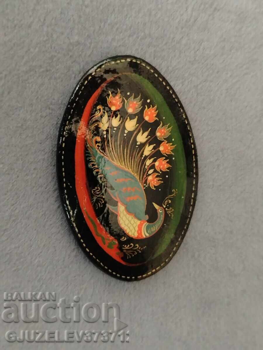 Δημοπρασία Vintage ρωσική καρφίτσα με οβάλ σχήμα Palekh, ζωγραφισμένη στο χέρι