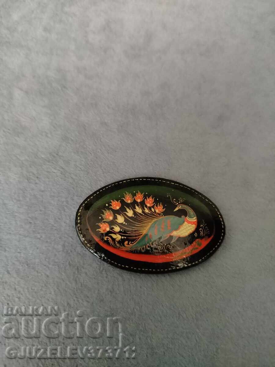 Vintage ρωσική καρφίτσα με οβάλ σχήμα Palekh, ζωγραφισμένη στο χέρι