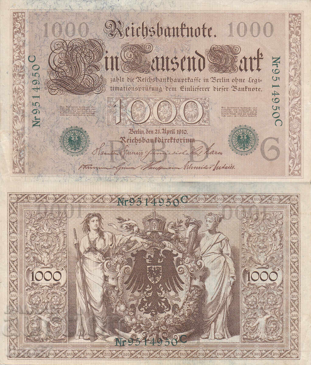 tino37- ГЕРМАНИЯ - 1000 МАРКИ /ЗЕЛЕН ПЕЧАТ/- 1910г- VF+