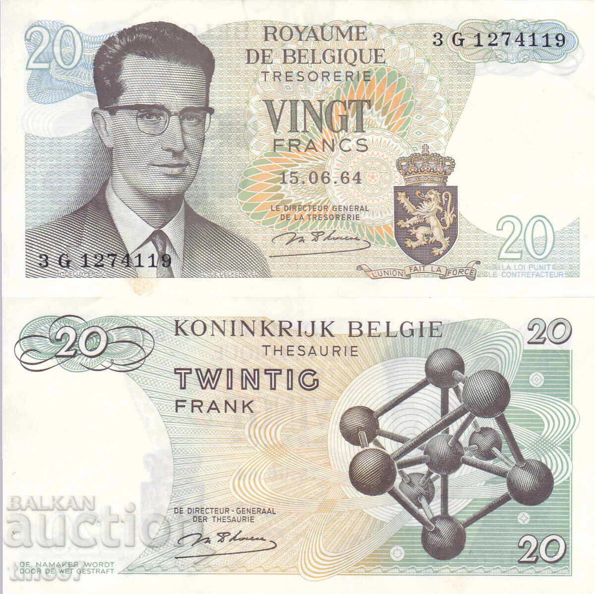 tino37- БЕЛГИЯ - 20 ФРАНКА - 1964г- XF