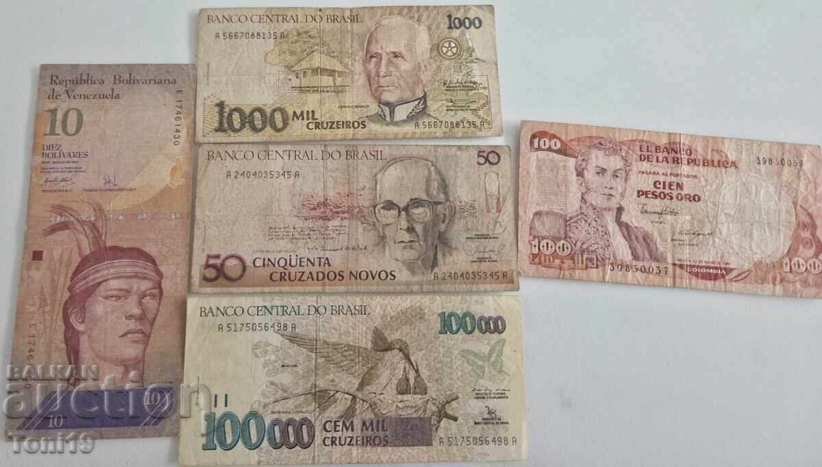 Lot de 5 bancnote din țări din America de Sud