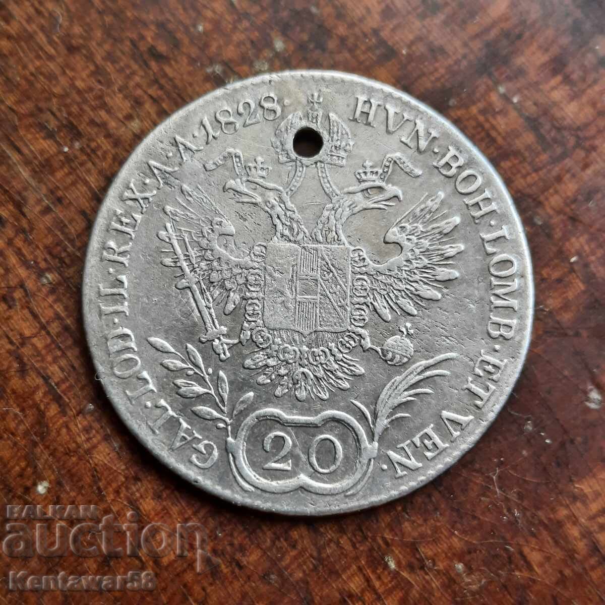 Австро-Унгария 20 кройцера 1828 E сребро. с цена € 12.00 | 23.47 лв.