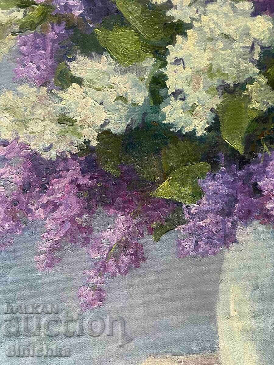 Авторска картина, маслена живопис. Цветя. Люляково ухание. с цена € 150.00 | 293.38 лв.