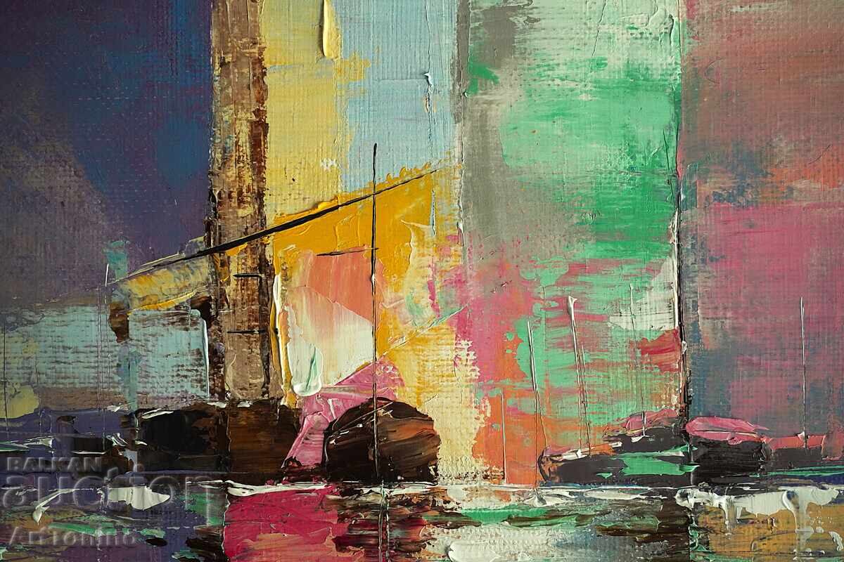 Livrarea Pictură abstractă în ulei - Apus purpuriu în port - A.I