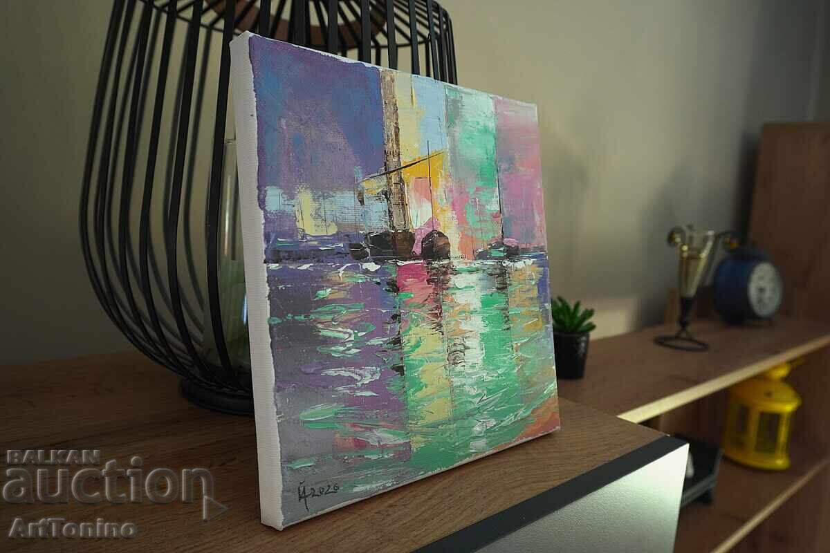 Pictură abstractă în ulei - Apus purpuriu în port - A.I - 6