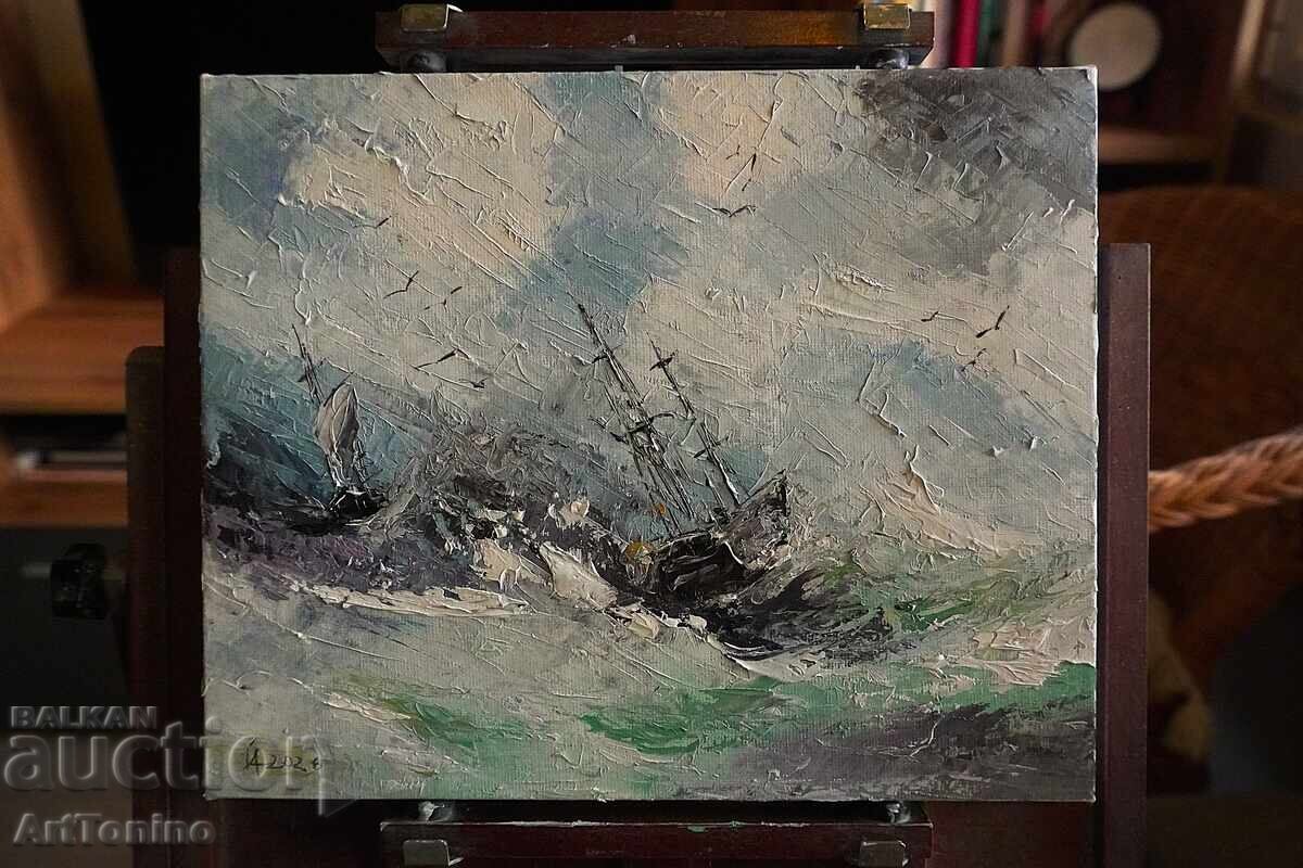 Pictură în ulei - Peisaj marin - Nave - mare agitată - A. Yordanov cu preț € 7.16 | 14.00 BGN