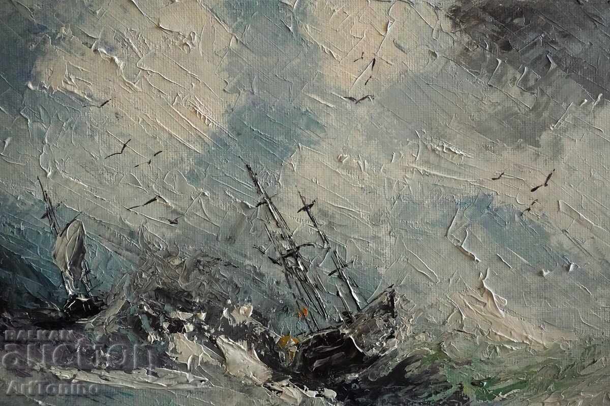Livrarea Pictură în ulei - Peisaj marin - Nave - mare agitată - A. Yordanov