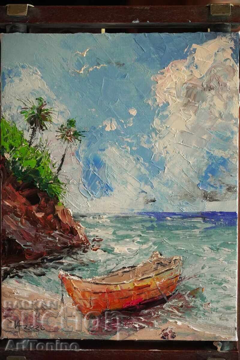 Livrarea Pictură în ulei - Peisaj marin - Țărm tropical cu barcă - A.I