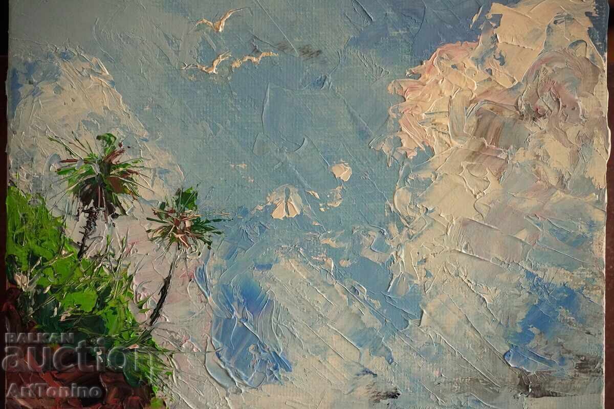 Pictură în ulei - Peisaj marin - Țărm tropical cu barcă - A.I - 6
