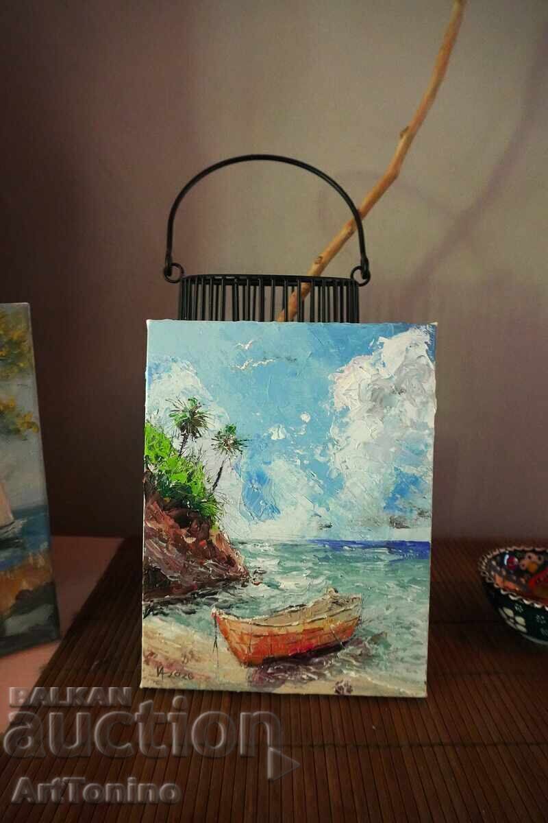 Pictură în ulei - Peisaj marin - Țărm tropical cu barcă - A.I - 7
