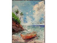 Oil painting - Seascape - Tropical shore with a boat - A.Y