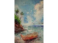 Pictură în ulei - Peisaj marin - Țărm tropical cu barcă - A.I