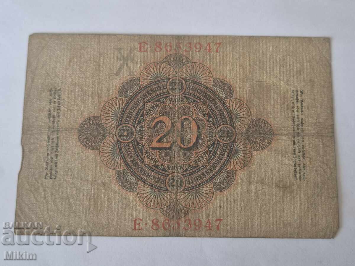 Banknote 20 Marks 1910 Germany with price € 0.01 | 0.02 BGN Banknote 20 Marks 1910 Germany with price € 0.01 | 0.02 BGN