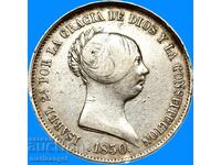 20 Реала 1850 Испания 25,89г Изабел II (1833-1856) сребро