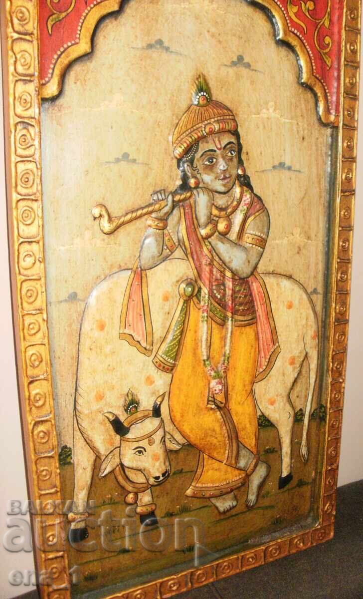 Licitație Decorațiune de perete indiană veche, reprezentându-l pe Krishna cu o vacă Licitație Decorațiune de perete indiană veche, reprezentându-l pe Krishna cu o vacă