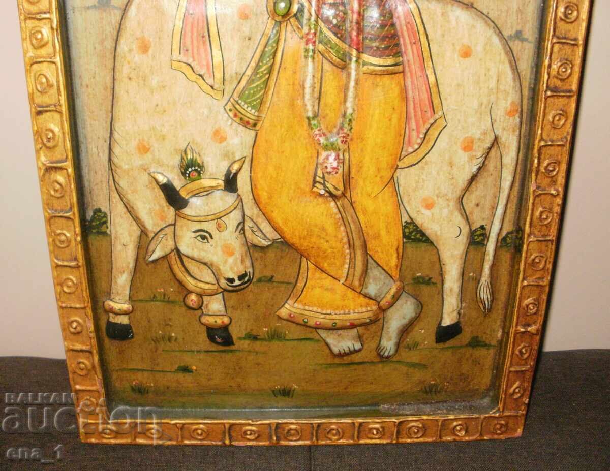 Decorațiune de perete indiană veche, reprezentându-l pe Krishna cu o vacă - 6 Decorațiune de perete indiană veche, reprezentându-l pe Krishna cu o vacă - 6