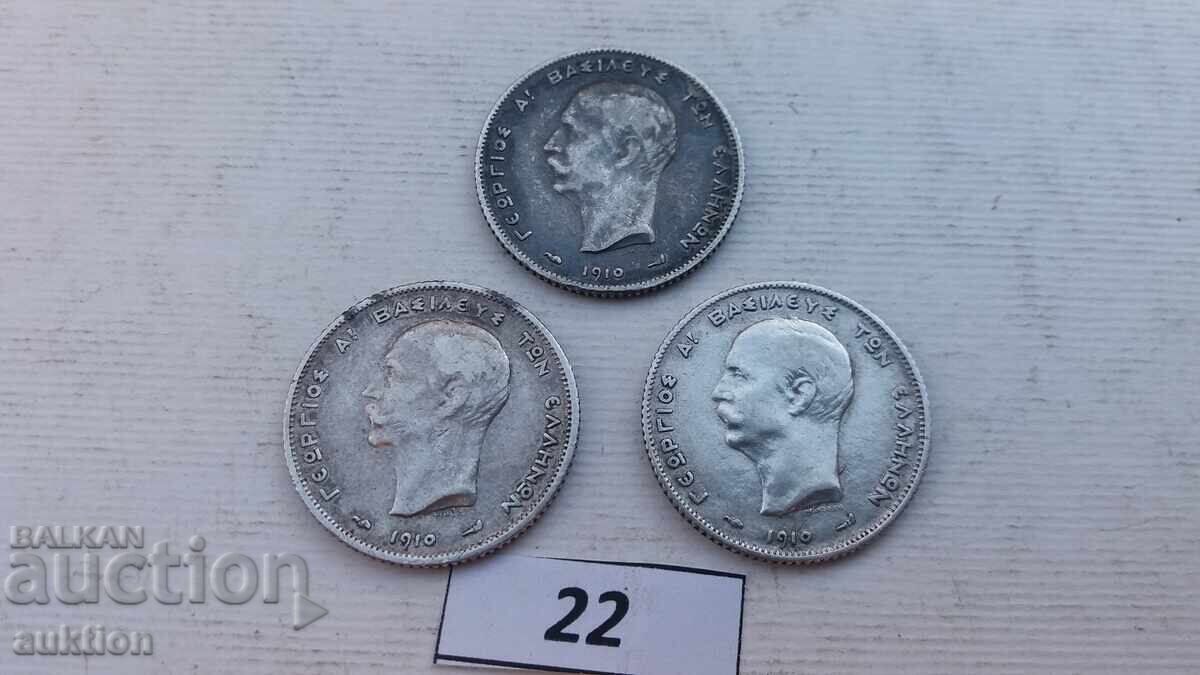 Licitație 1 DRAHMĂ, DRAHME 1910 - ARGINT - GRECIA - 3 BUCĂȚI