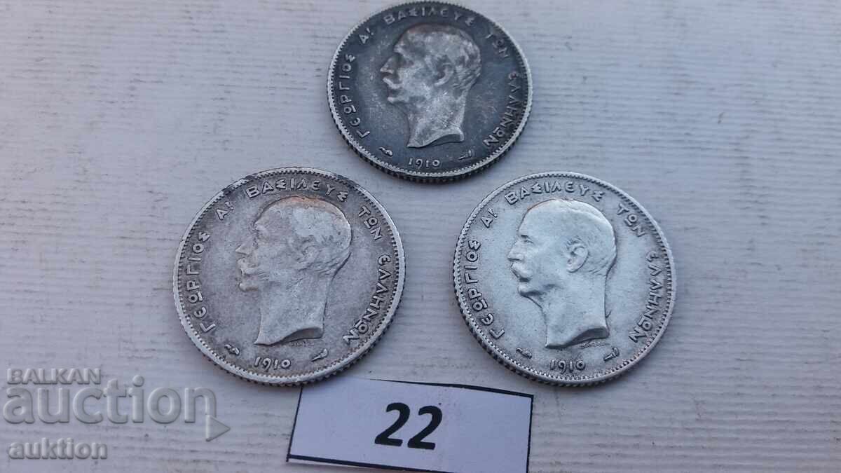 1 DRAHMĂ, DRAHME 1910 - ARGINT - GRECIA - 3 BUCĂȚI - 5