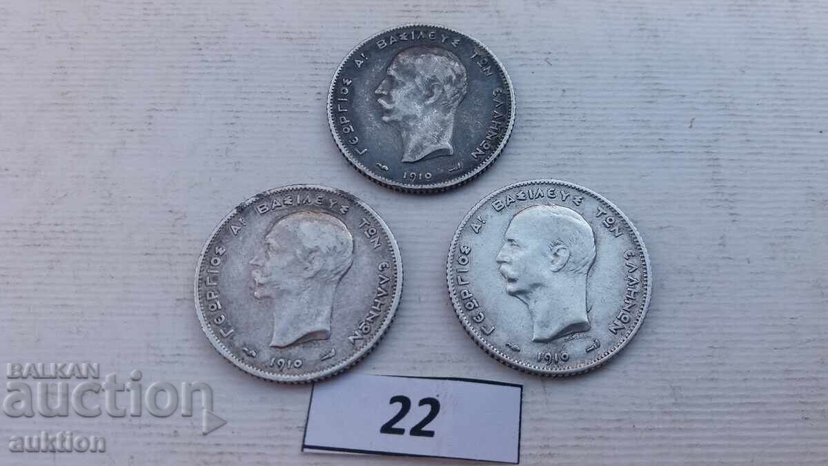 1 DRAHMĂ, DRAHME 1910 - ARGINT - GRECIA - 3 BUCĂȚI