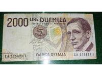 Old rare banknote from Italy 2000 Lire 1990
