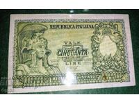 Bancnotă veche rară din Italia 50 Lire 1951