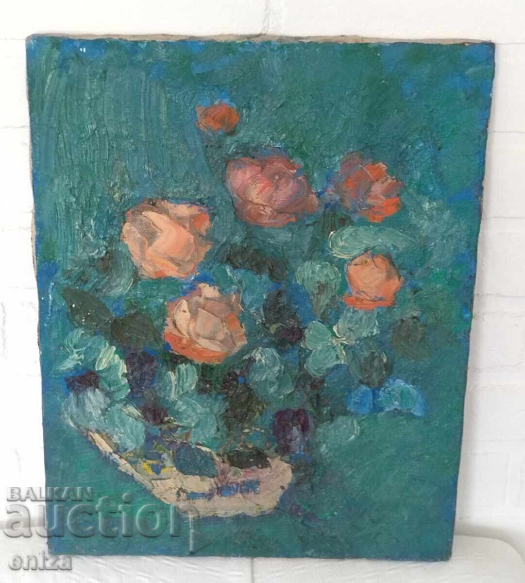 Pictură în ulei, natură moartă cu flori