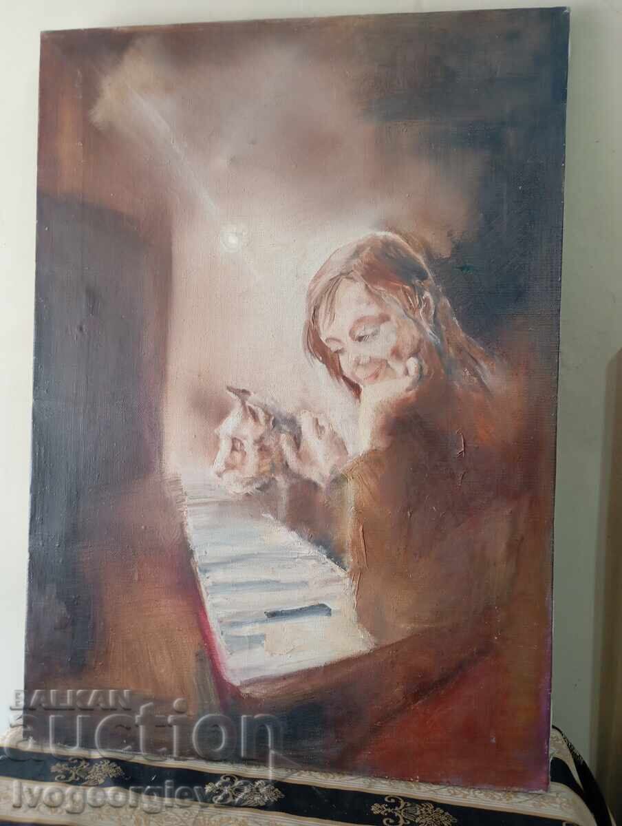 Painting - girl with a kitten