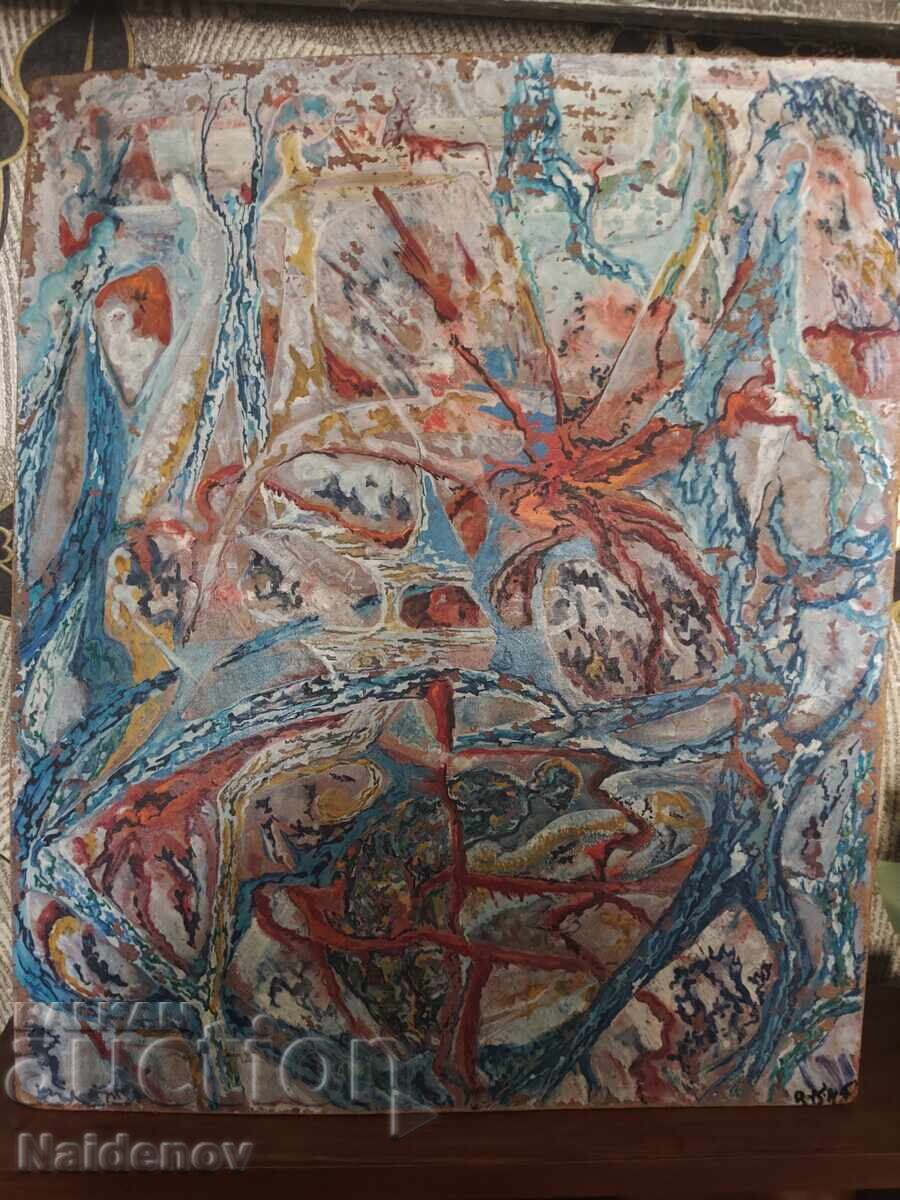 Tablou abstract, ulei pe placaj, semnat