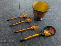 Decoration - lacquered wooden cup and four spoons