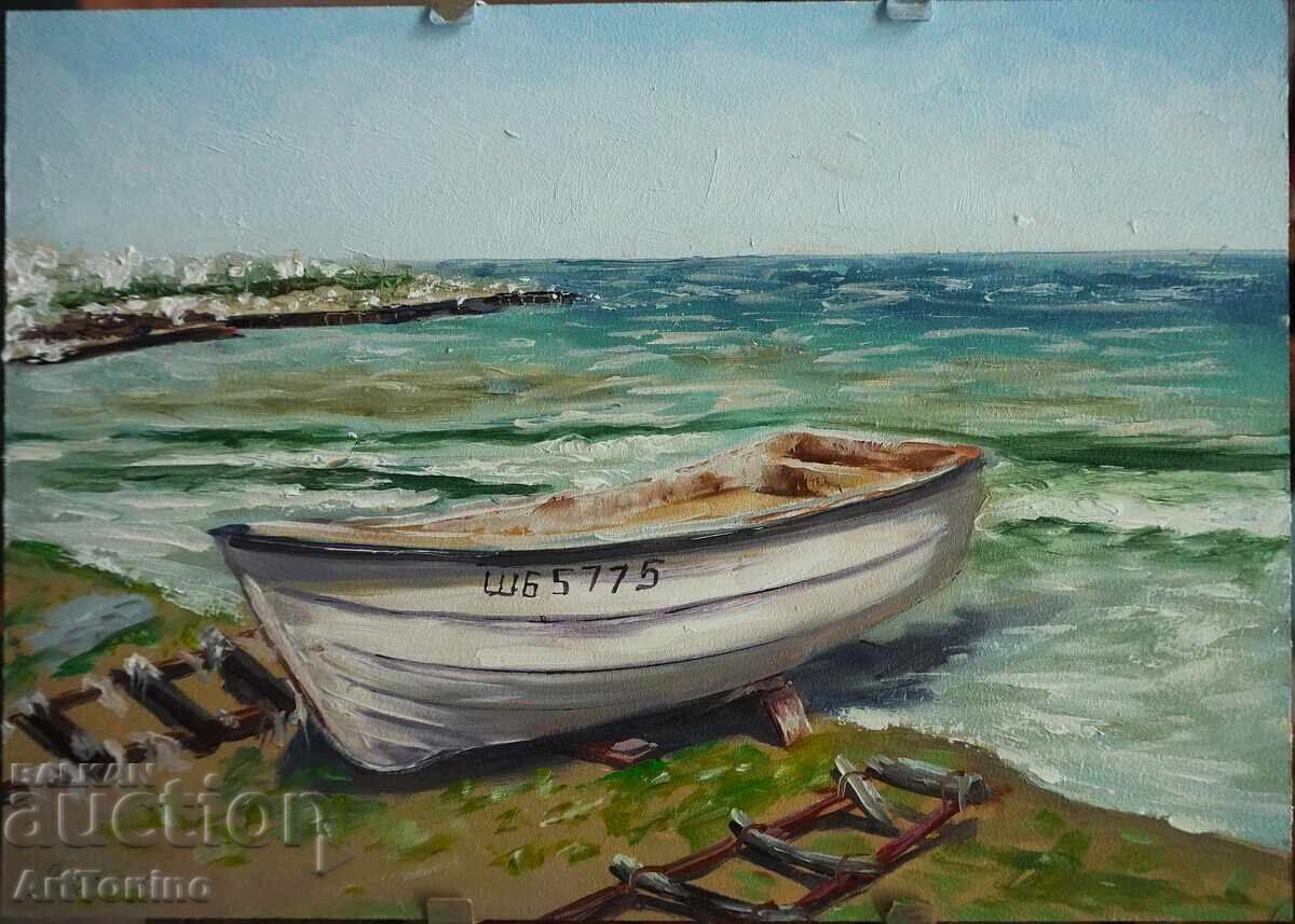 Pictură în ulei - Peisaj - Shabla - Barcă pescărească - Anton Yordanov