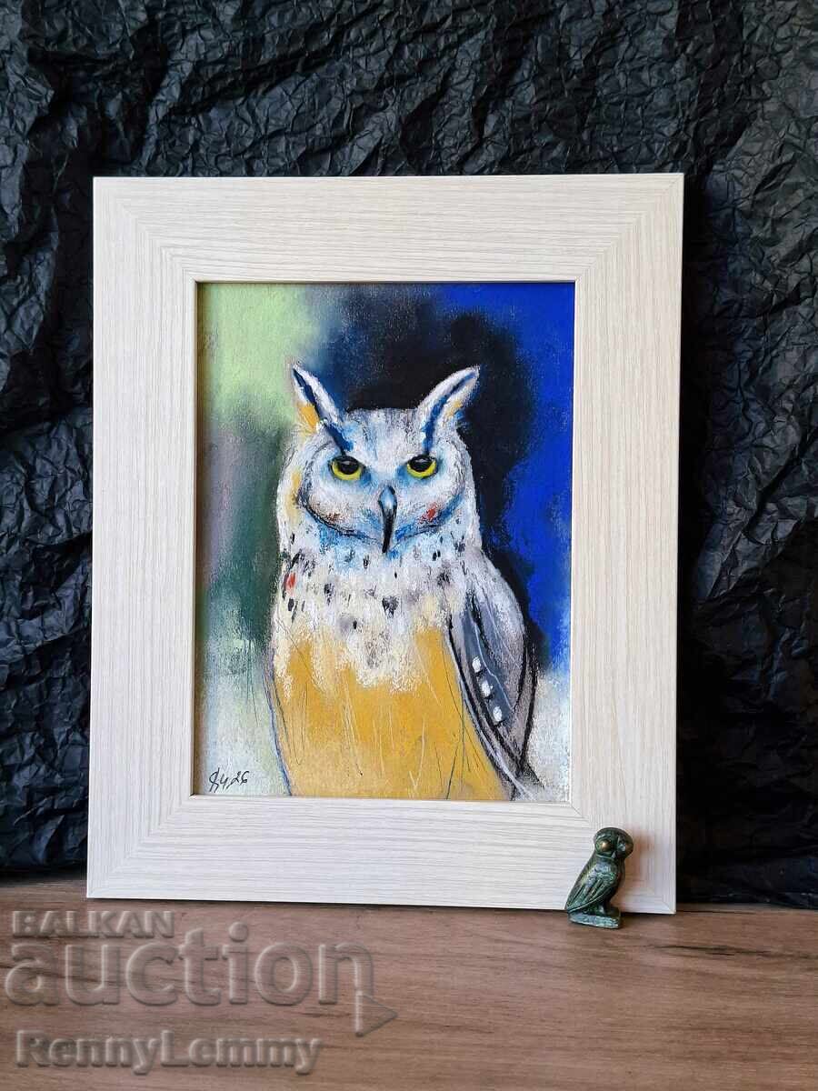 Bufniță, tablou cărbune/pastel, original cu preț € 32.00 | 62.59 BGN