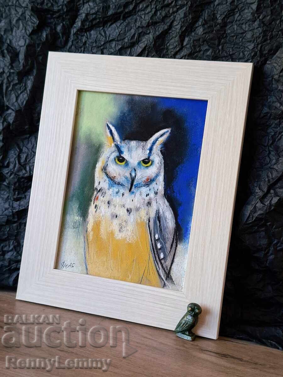 Licitație Bufniță, tablou cărbune/pastel, original