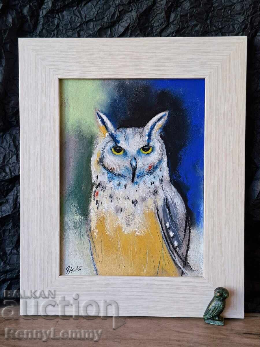 Bufniță, tablou cărbune/pastel, original