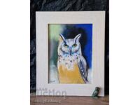 Bufniță, tablou cărbune/pastel, original