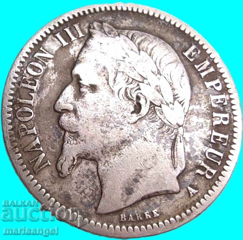 Licitație 1 Franc 1867 Franța Napoleon al III-lea argint Patină