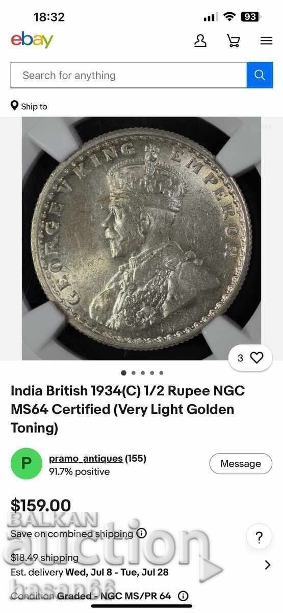 Auction 1/2 Rupee India 1934 Auction 1/2 Rupee India 1934