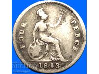 Великобритания 4 пенса 1843 Гроут Виктория сребро
