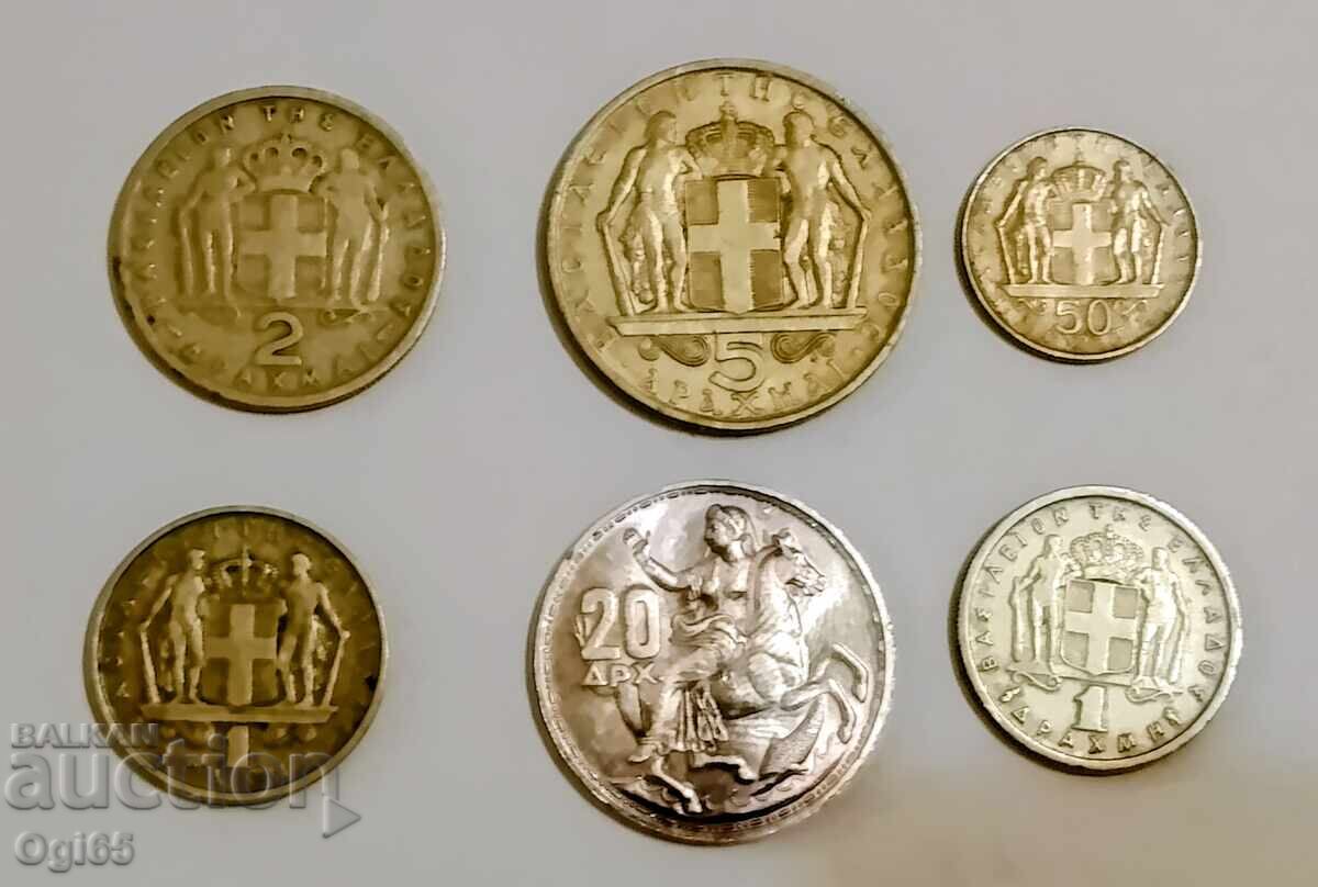 6 bucăți monede vechi din Grecia, una este de argint