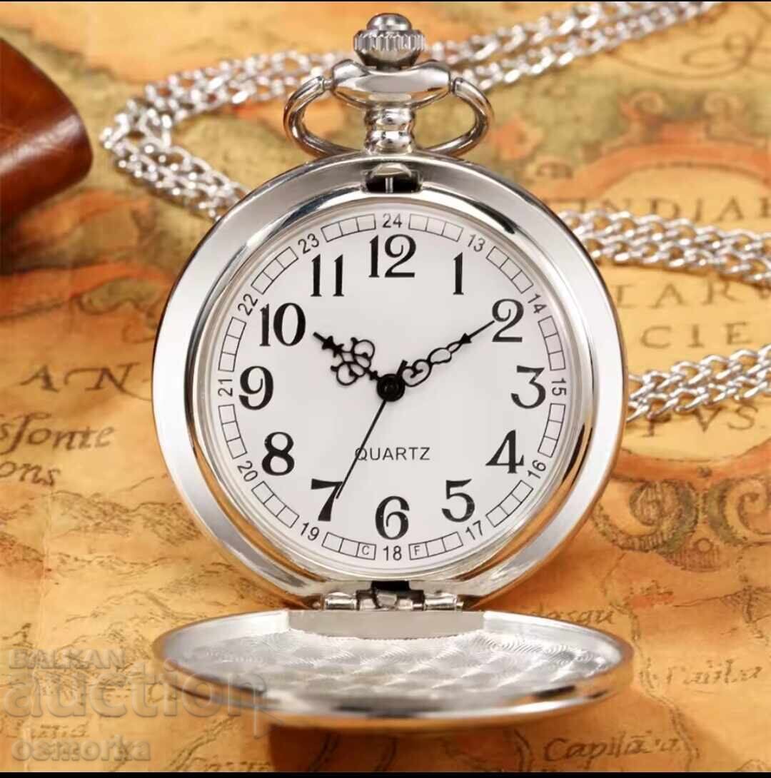 Ceas de buzunar nou ornamente albe fundal negru medalion accesoriu - 5