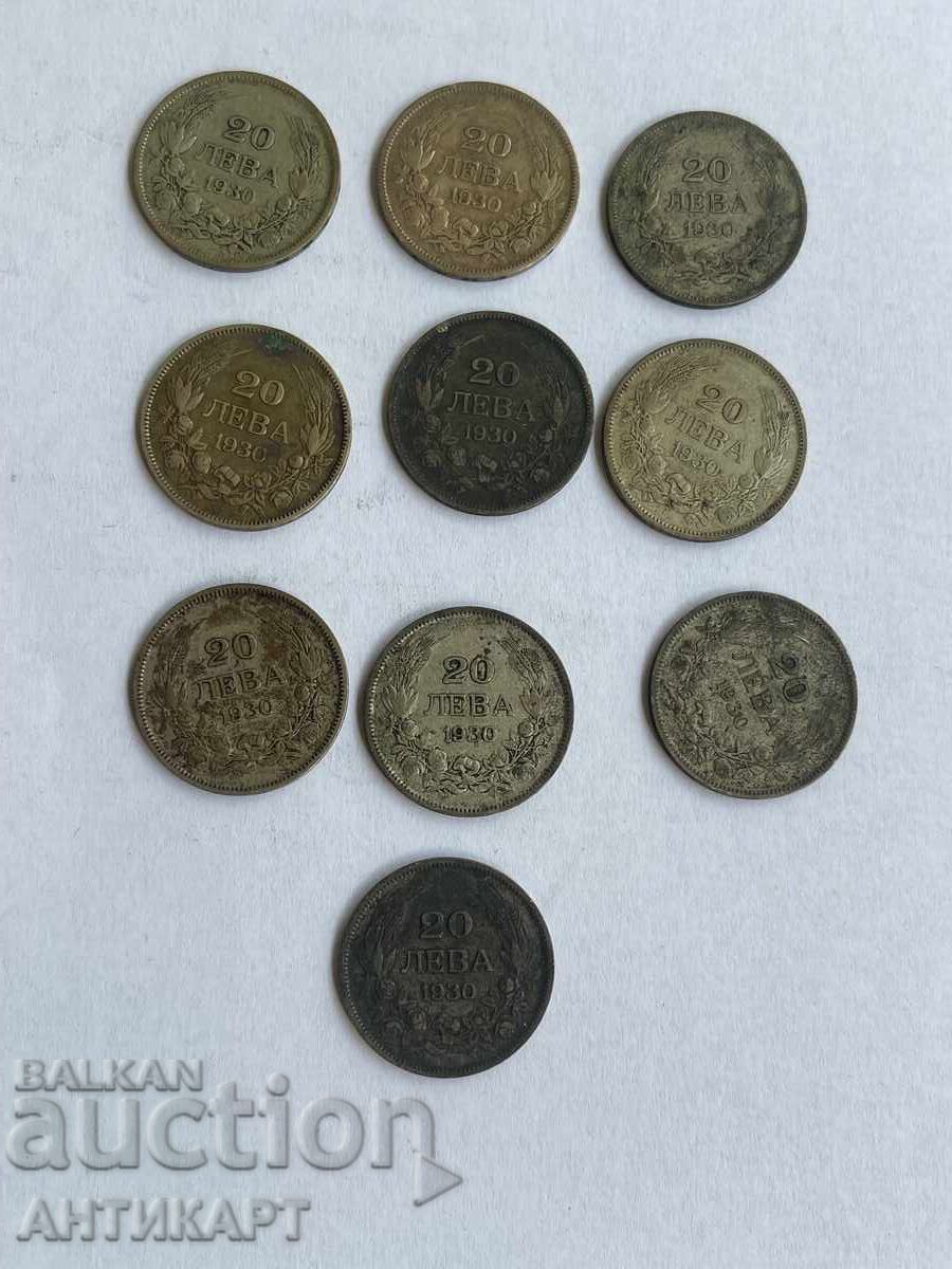 България 10 броя сребърни монети по 20 лева 1930