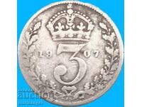 Великобритания 3 пенса 1907 Едвард VII сребро