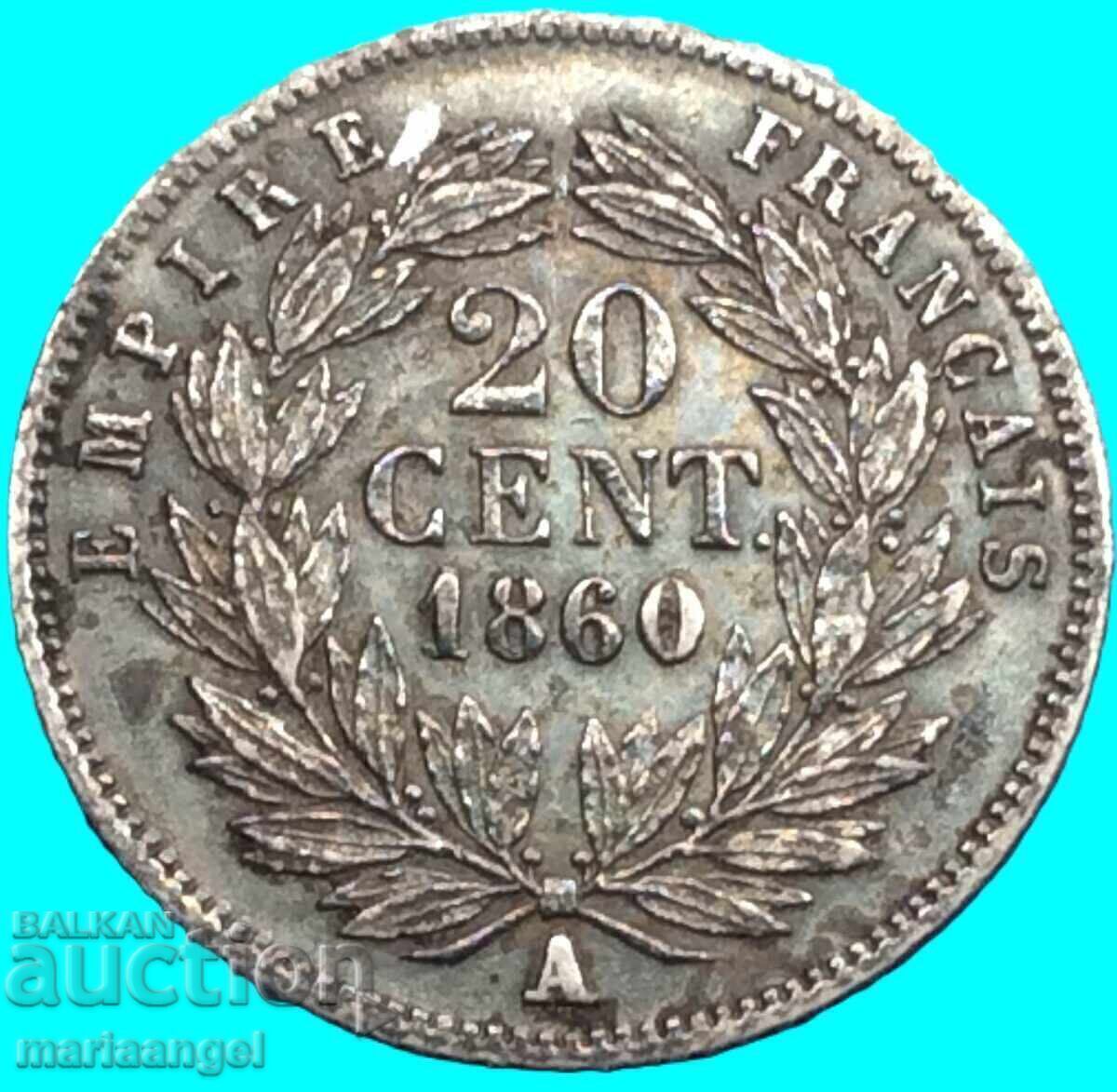 20 сантима 1860 Франция А-Париж Наполеон III сребро - 7