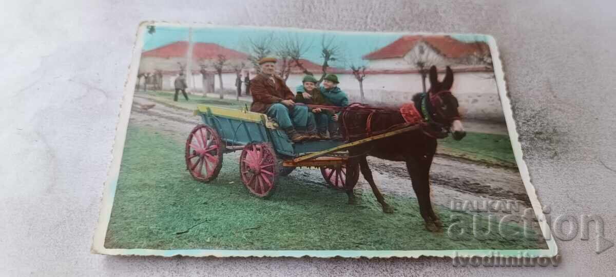 Fotografie Bărbat și doi băieți cu o căruță trasă de măgar pe drum