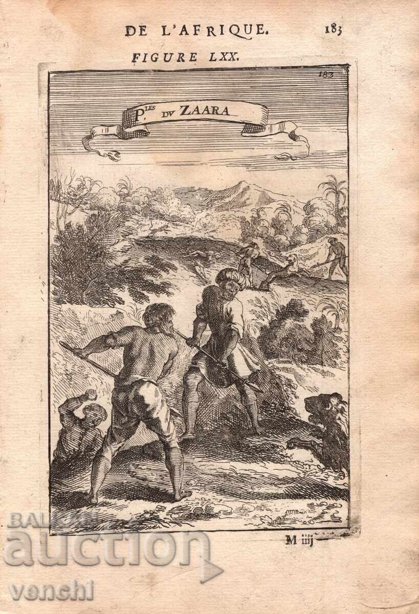 1683 - GRAVURĂ MALLET - VÂNĂTOARE DE LEI - original