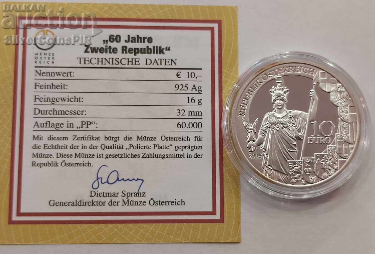 Argint 10 Euro 60 ani AUSTRIA 2005 cu preț € 40.00 | 78.23 BGN