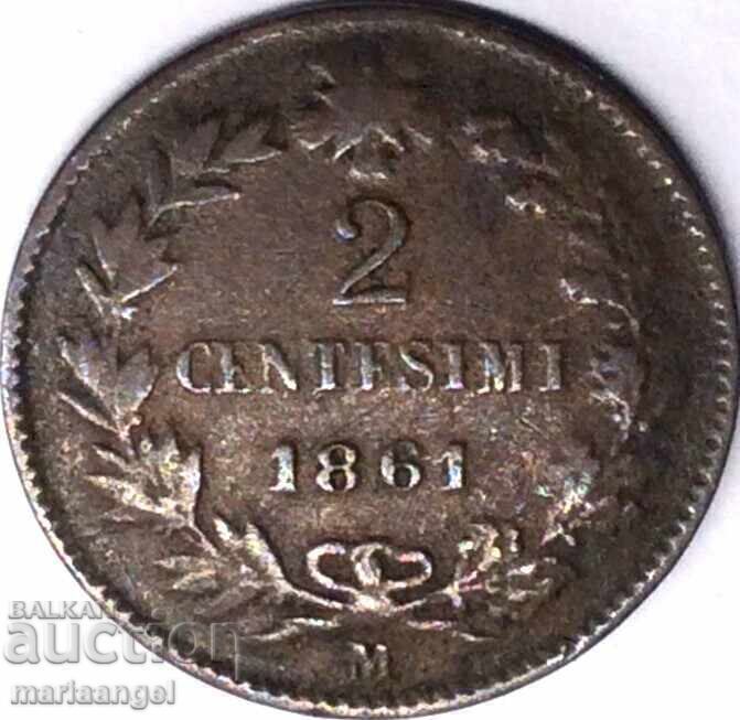 Italia 2 centesimi 1861 M - Milano cupru rar Italia 2 centesimi 1861 M - Milano cupru rar