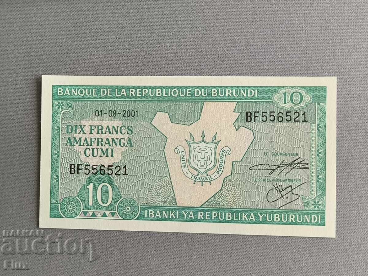 Bancnotă - Burundi - 10 franci UNC | 2001