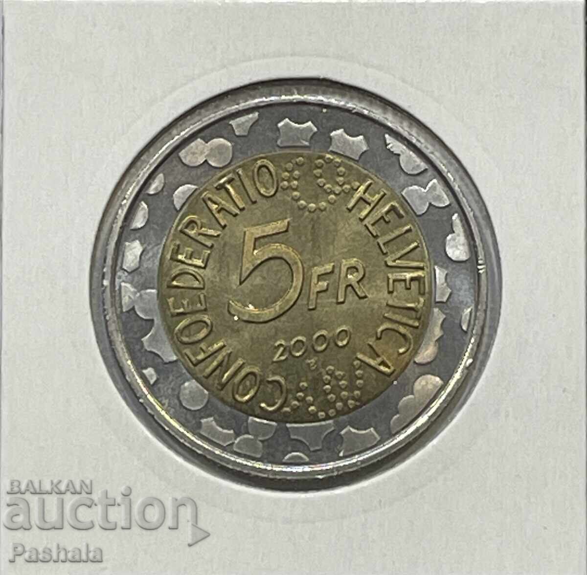 Швейцария 5 франка 2000 г. с цена € 15.00 | 29.34 лв.