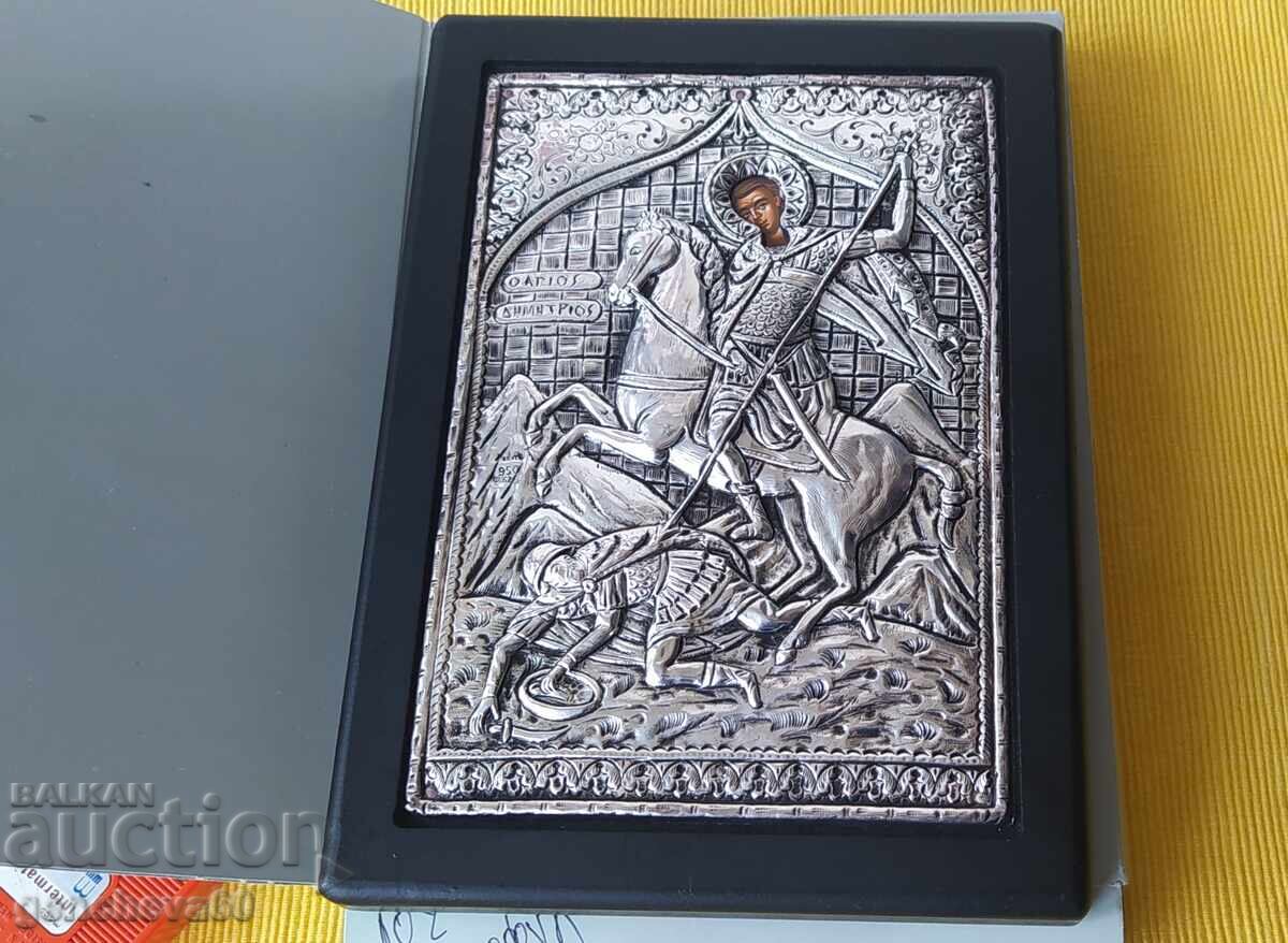 Icoană grecească mare „Sfântul Dumitru”, argint 950 - 5